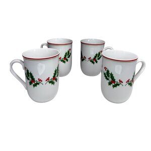Set Of 4 Vintage Holly Berry Red & Green Trim Christmas Mugs Fine Porcelain